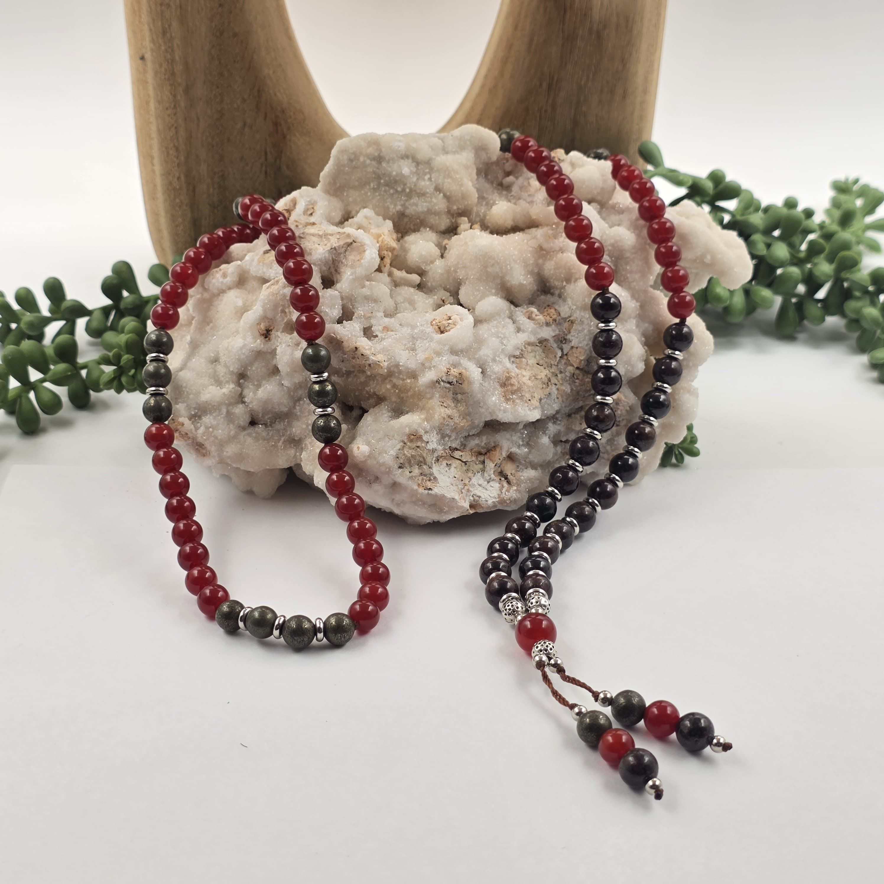 CONFIDENCE-Mala 108 Bead Gemstone Carnelian/Garnet/Pyrite