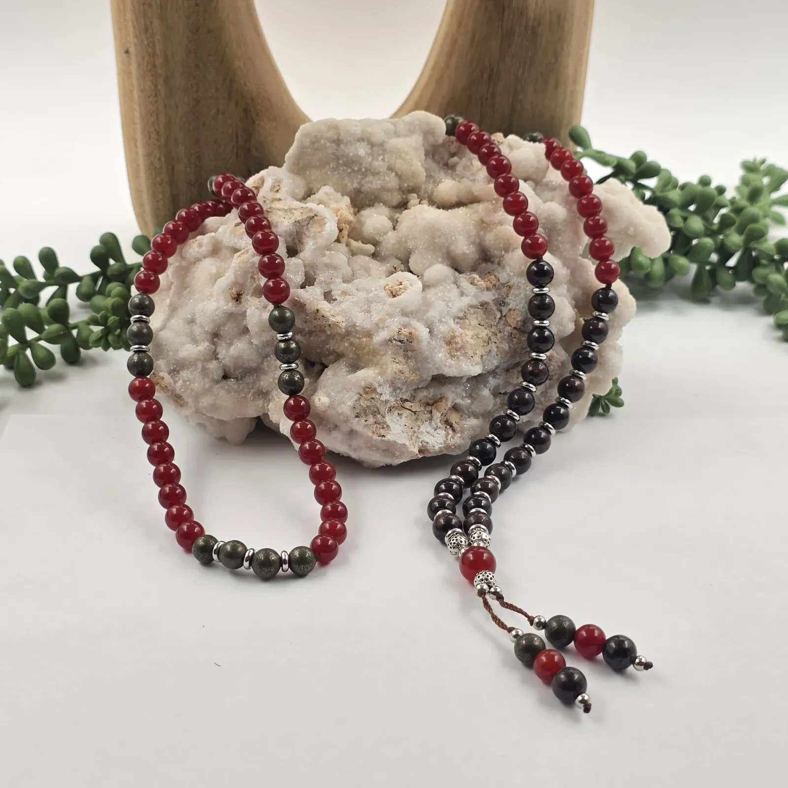 CONFIDENCE-Mala 108 Bead Gemstone Carnelian/Garnet/Pyrite