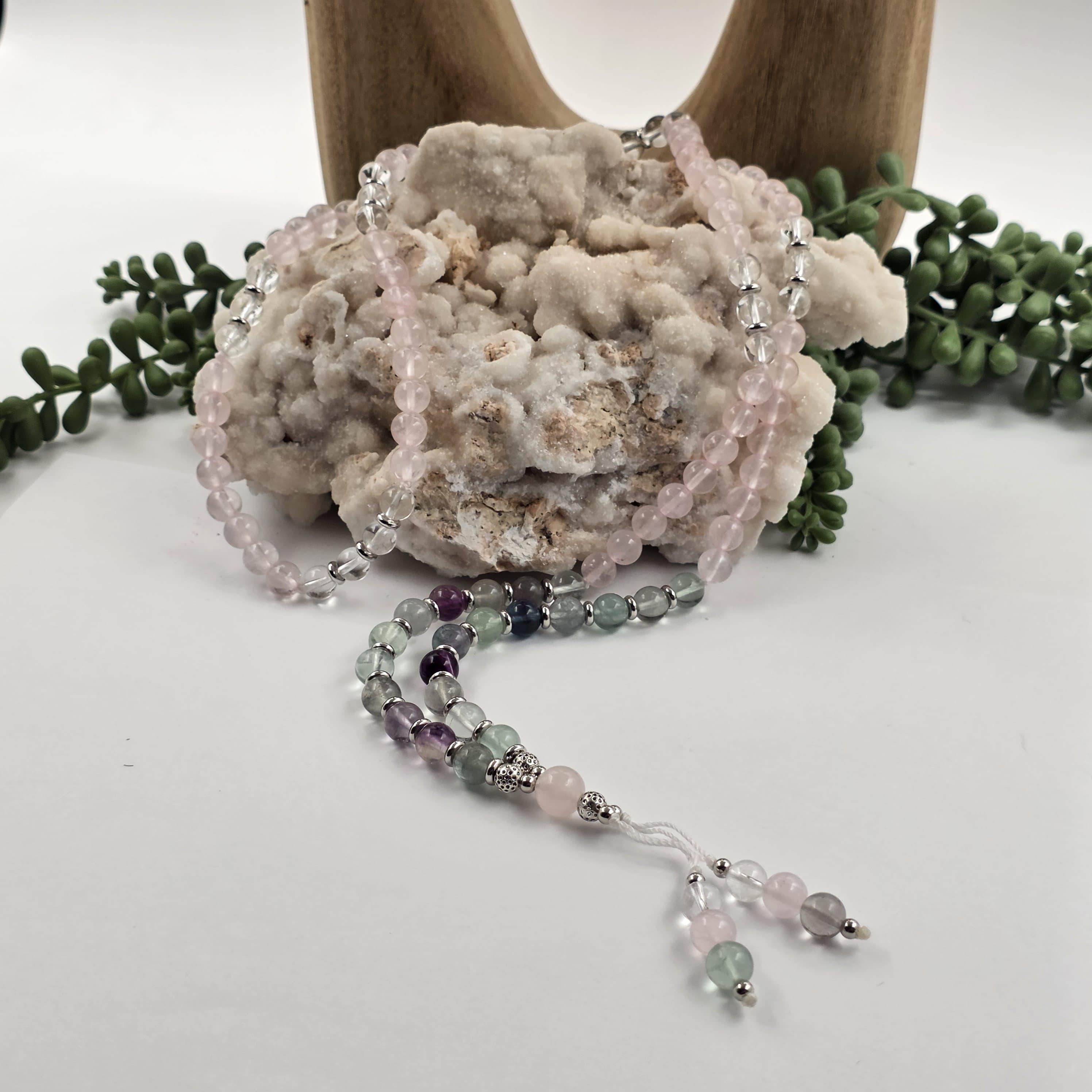INNER PEACE-Mala 108 Bead Rose/Clear Quartz/Rainbow Fluorite