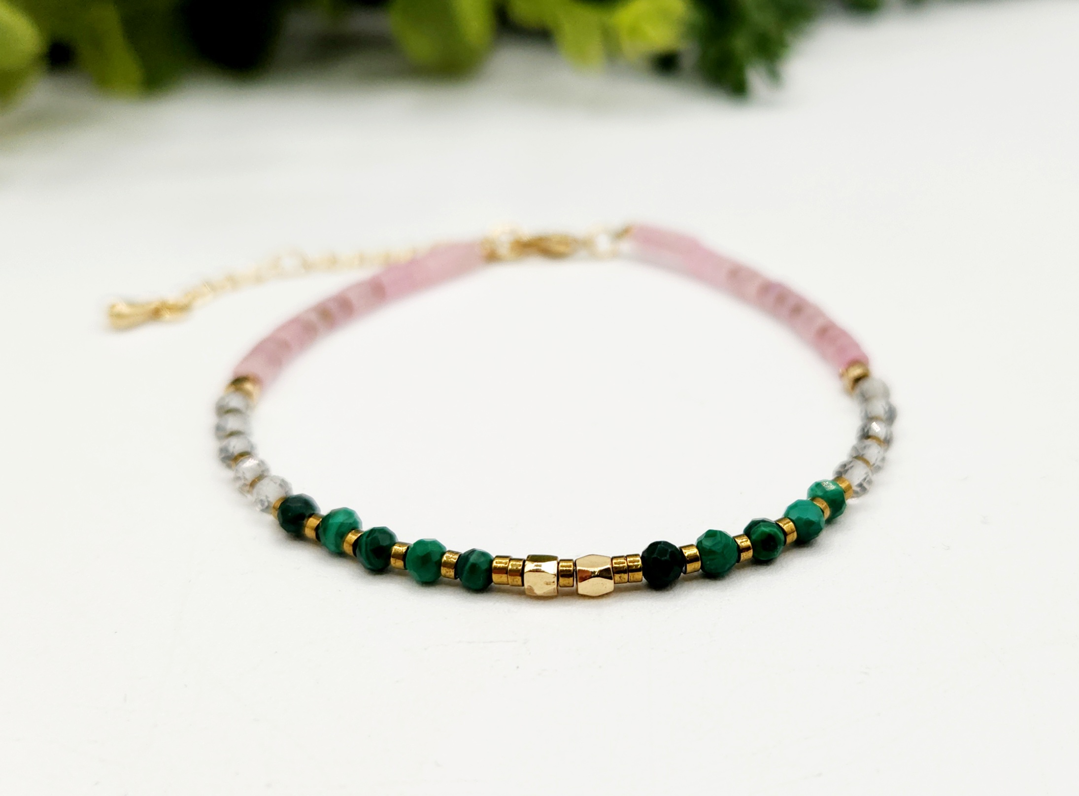 CANCER HEALING HARMONY-Malachite/Clear/Rose Quartz Bracelet 3mm