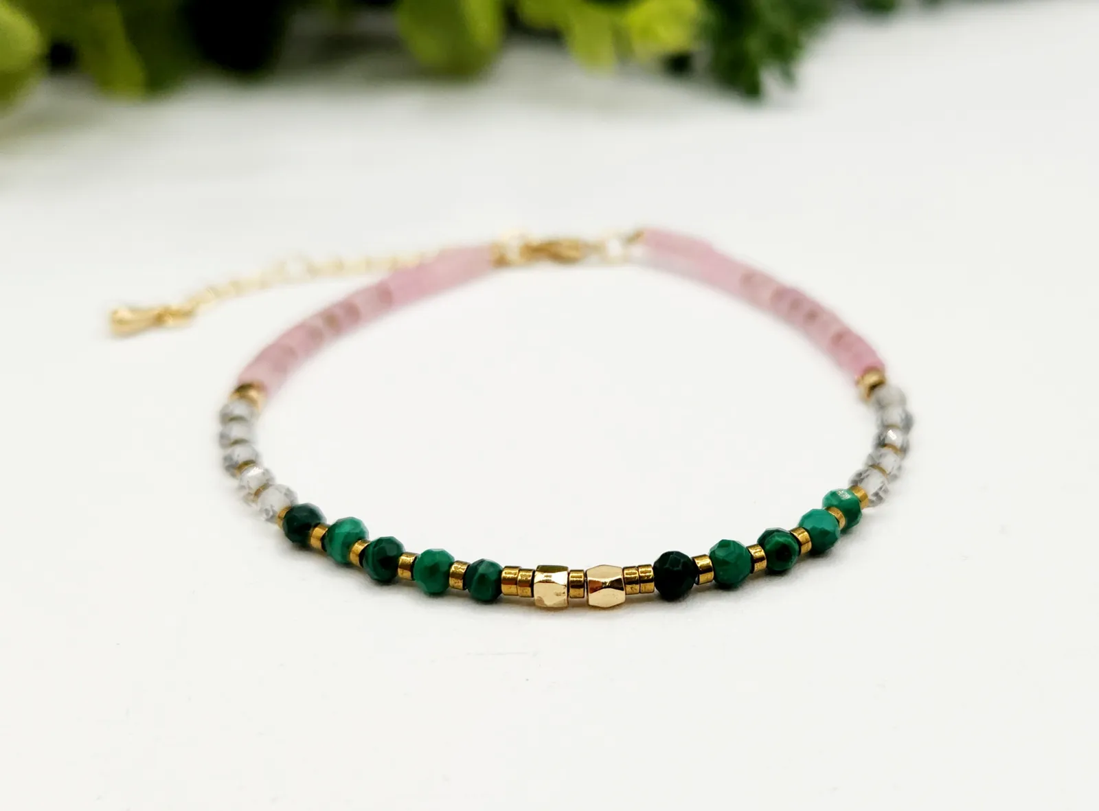 CANCER HEALING HARMONY-Malachite/Clear/Rose Quartz Bracelet 3mm
