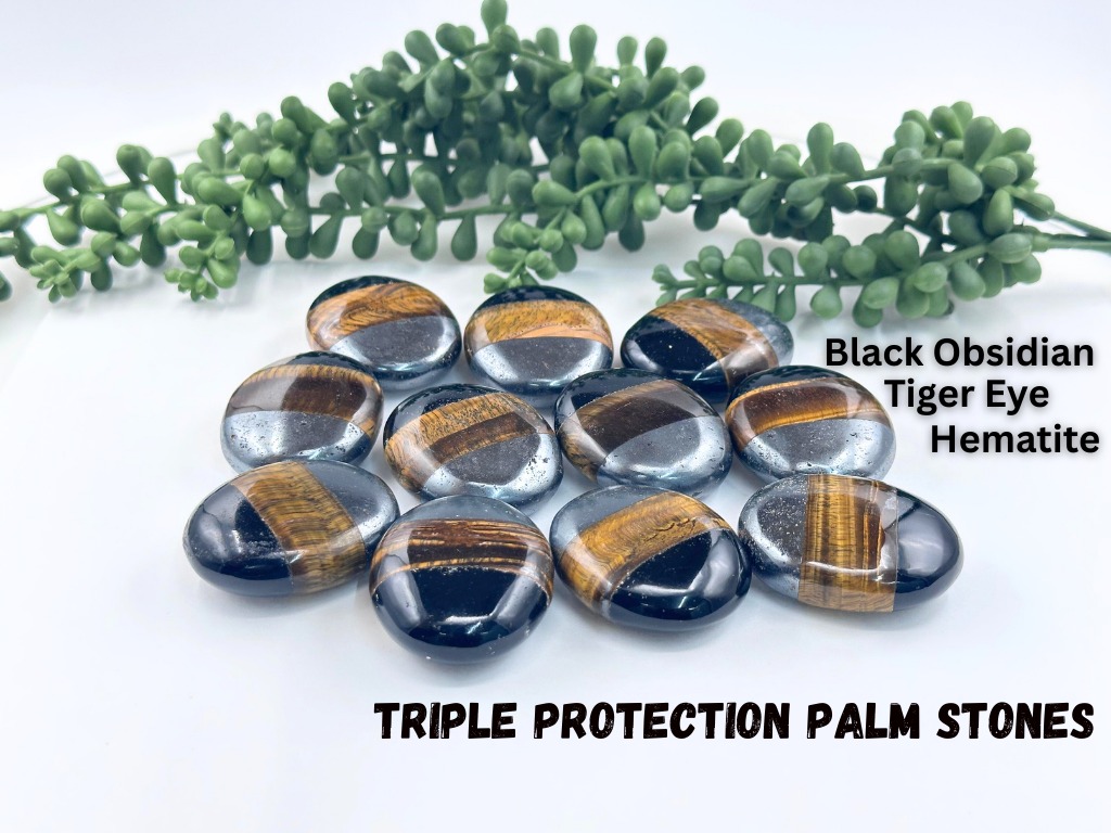 TRIPLE PROTECTION - Obsidian/Hematite/Tiger Eye  Palm Stones 0.5 Kg Bag