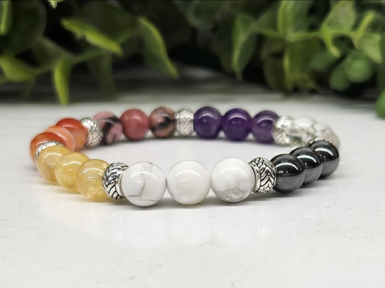 MENOPAUSE Relief/Support - Hematite, Rhodonite, White Howlite, Clear Quartz, Citrine, Amethyst, and Banded������Carnelian with Gold Color Metal Beads, Stretchable Bracelet, 8MM Beads, 7.5" Long