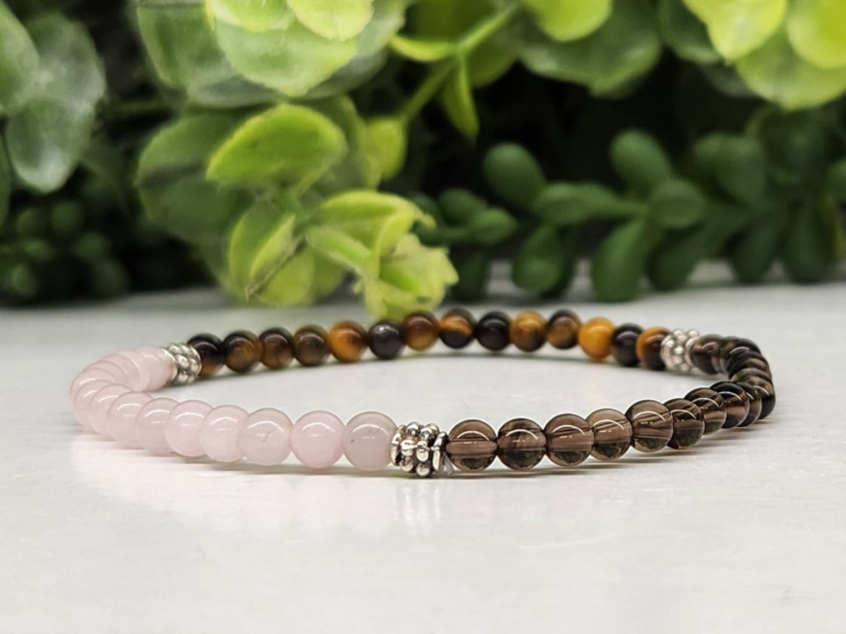 RELEASING THE PAST - Rose Quartz, Smoky Quartz, and Yellow������Tiger������Eye with Silver Color Metal Beads, Stretchable Bracelet, 4MM Beads, 7.5" Long