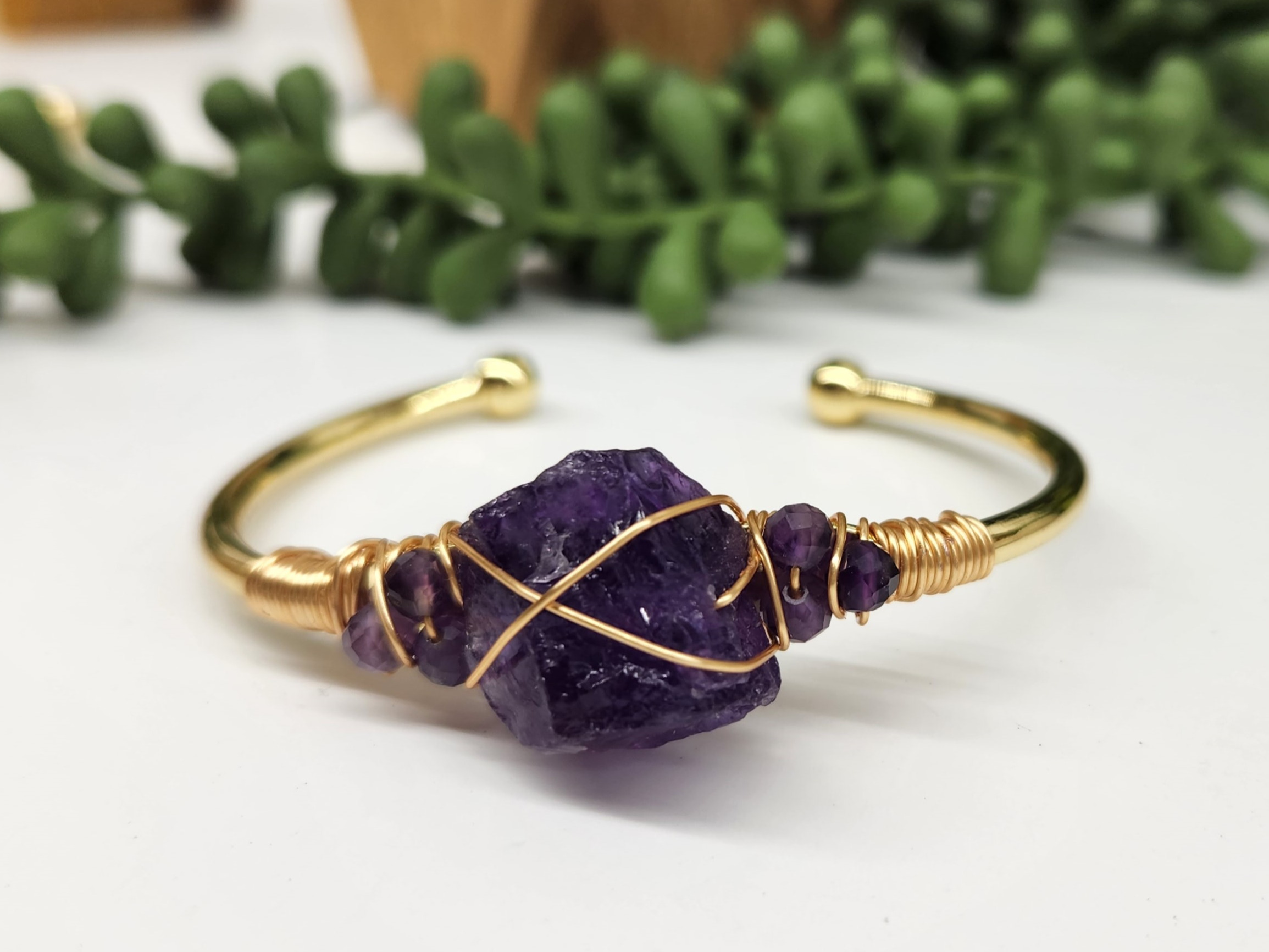 Amethyst Rough with Amethyst Cuff /Bracelet Wire Wrapped -  18KT YellowGold Overlay