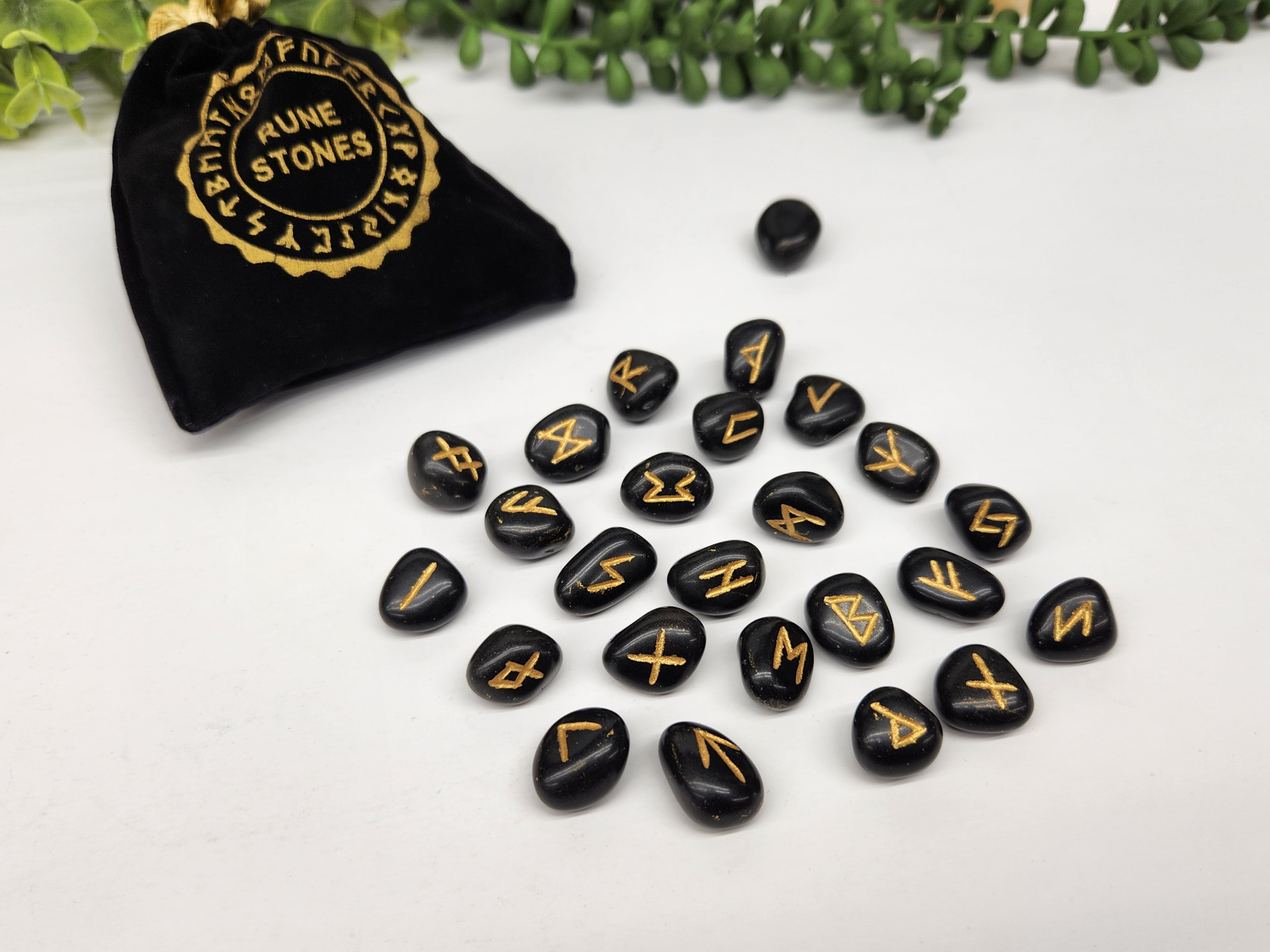 Black Agate Gemstone Rune Sets with Velvet Pouch