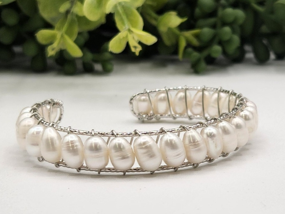 Pearls White -Cultured Fresh Water Bangle Polished Cuff Bracelet Wire Wrapped -  18KT White Gold Overlay