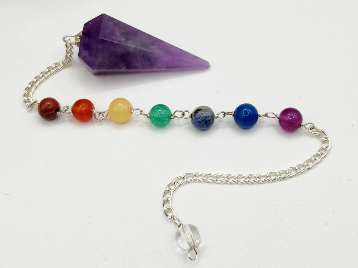 Chevron Amethyst Pendulum w/Chakra Gemstones-Silver Plate Chain