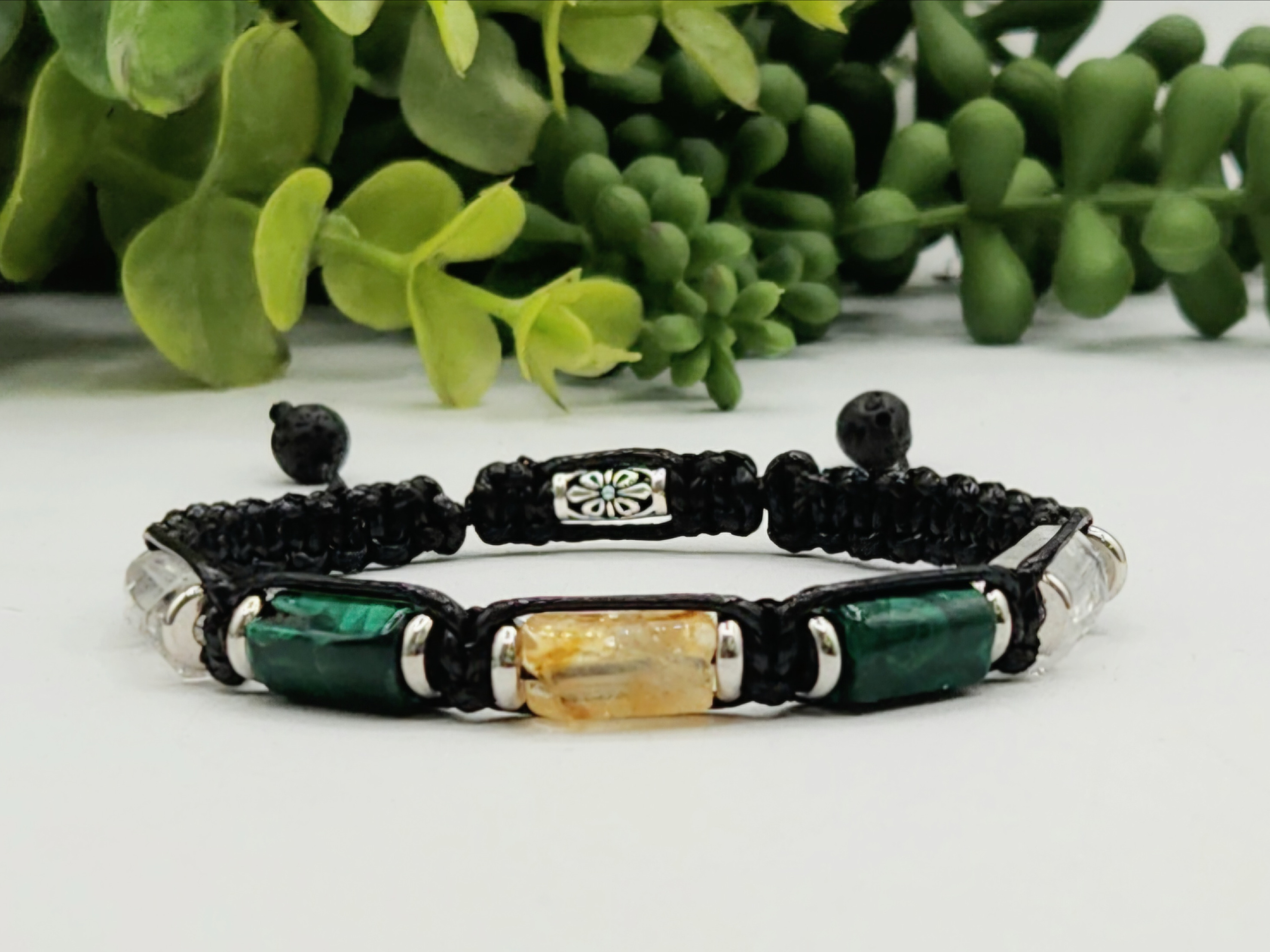 TRANSFORMATION - Unisex/Men's Adjustable Bracelet -Clear Quartz, Malachite, and Citrine 8"-9.5"L