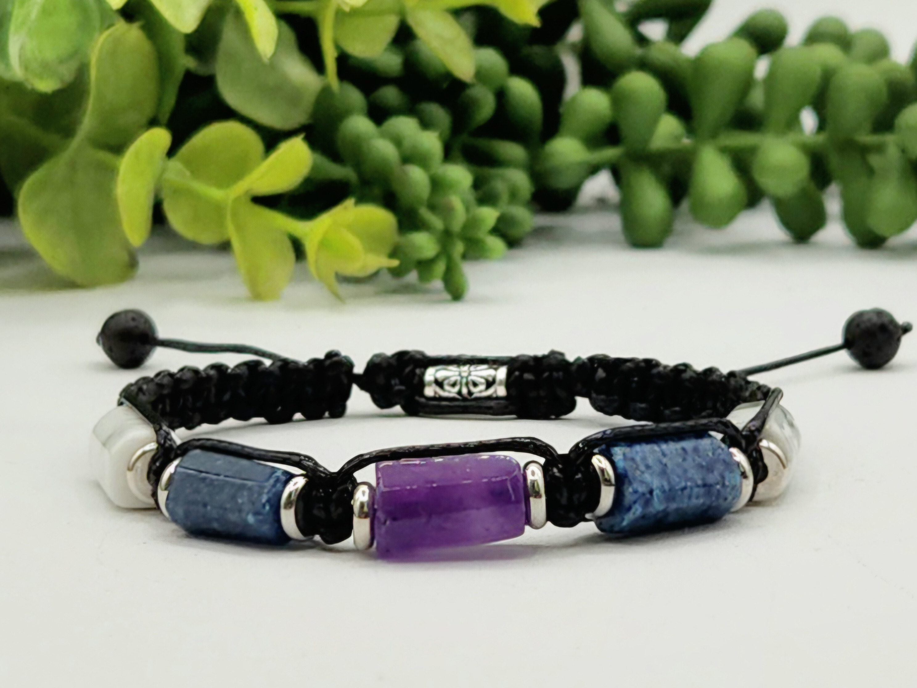 MENTAL CLARITY - Unisex/Men's Adjustable Bracelet - White Howlite, Blue Aventurine, and Amethyst 8"-9.5"L