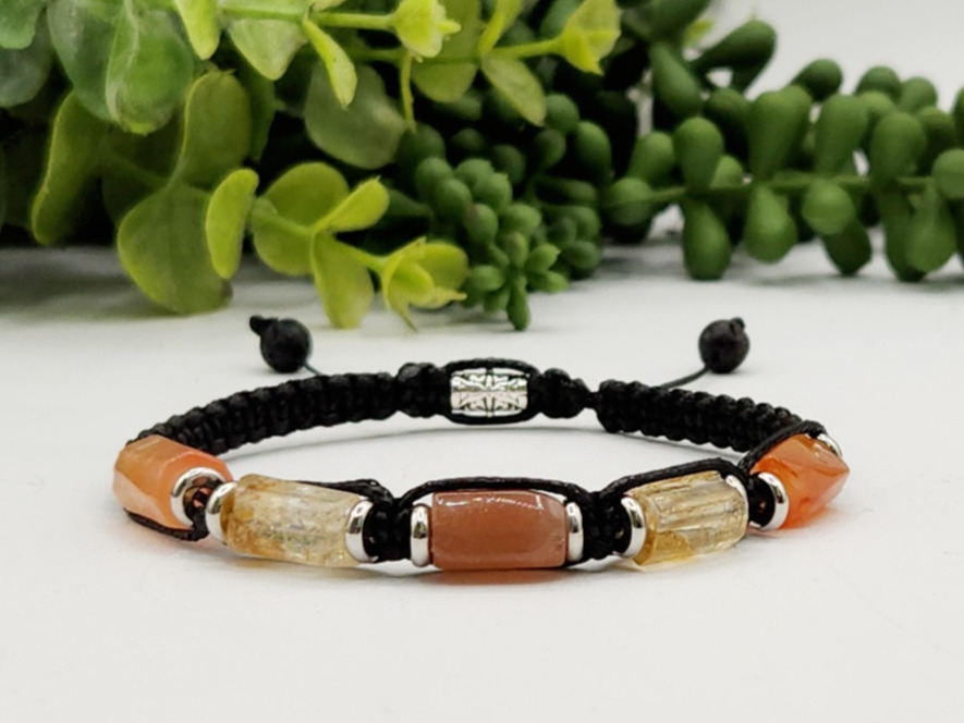 ENERGY BOOST-Unisex/Men's Adjustable Bracelet Banded Carnelian, Citrine and Sunstone 8"-9.5"L