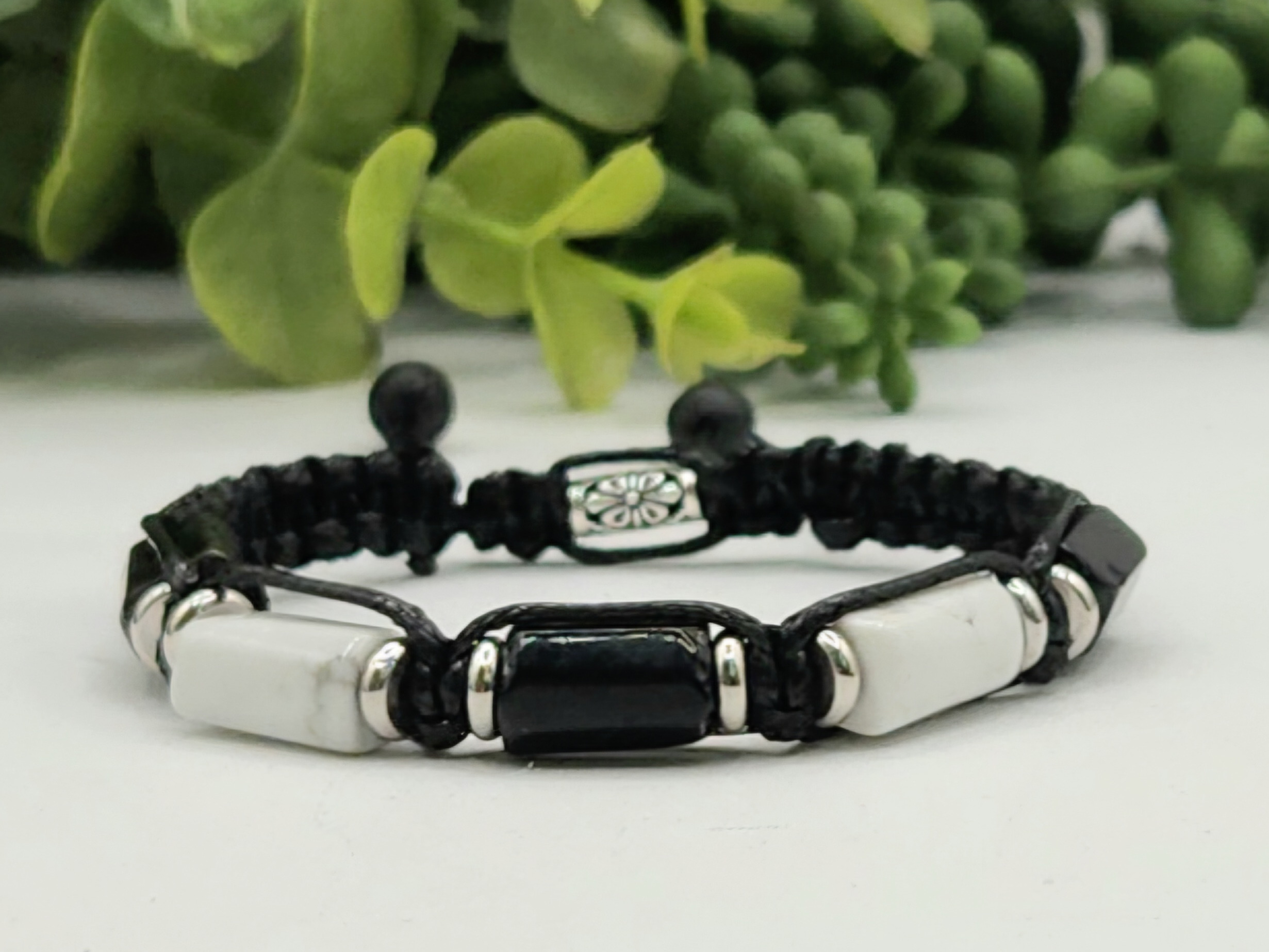 CALM/PROTECTION-Unisex/Men's Adjustable Bracelet - Black Tourmaline and White Howlite 8"-9.5"L