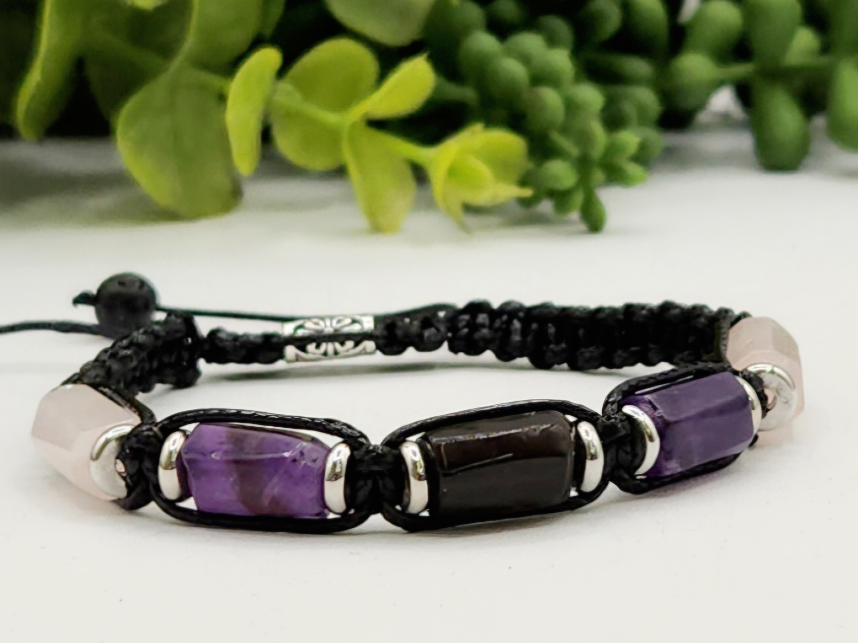 ANXIETY SUPPORT-Unisex/Men's Adjustable Bracelet - Rose Quartz, Amethyst and Black Obsidian 8"-9.5"L
