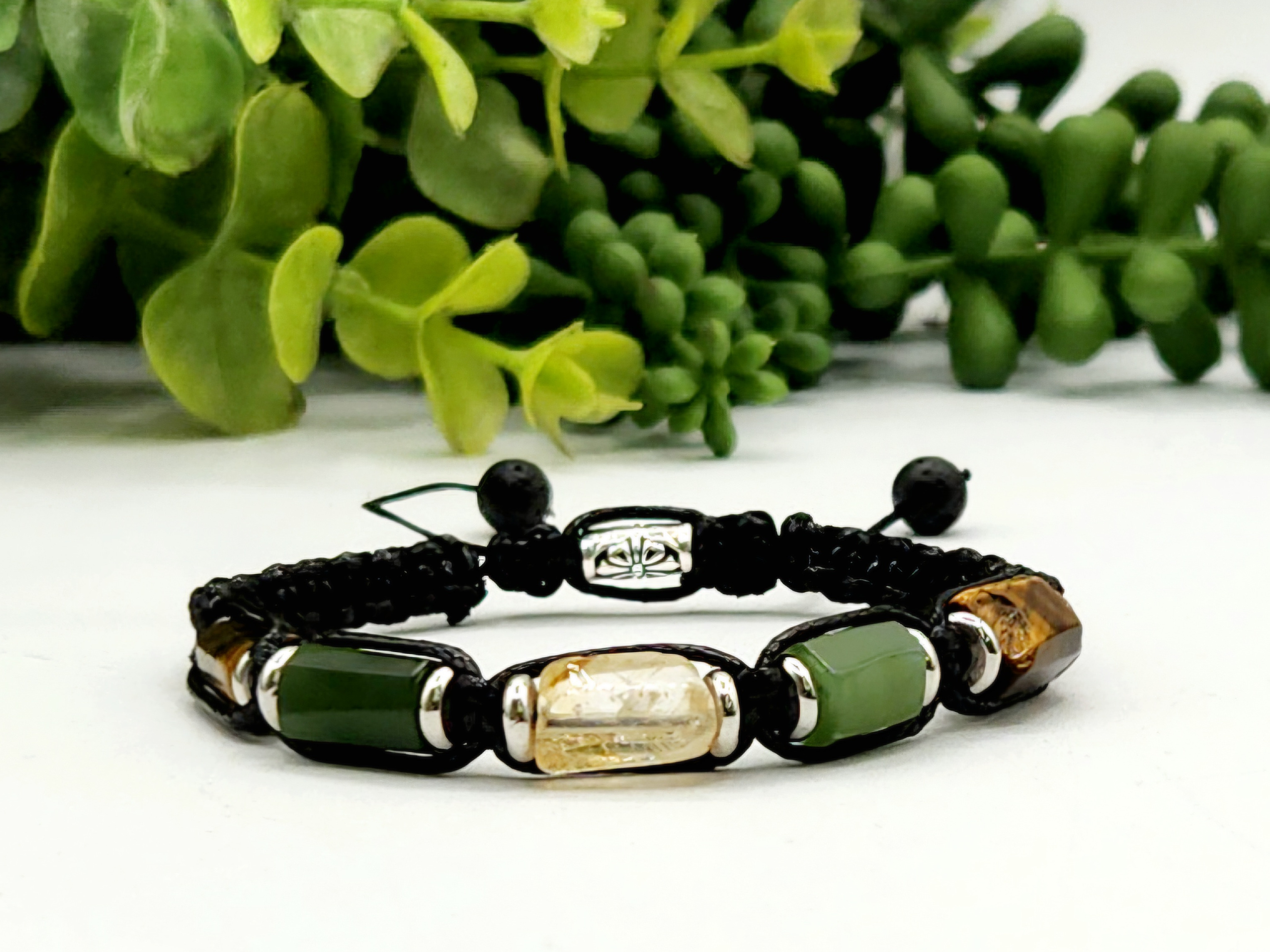 ABUNDANCE-Unisex/Men's Adjustable Gemstone Bracelet- Yellow Tiger Eye, Canadian Jade and Citrine8"-9.5"L